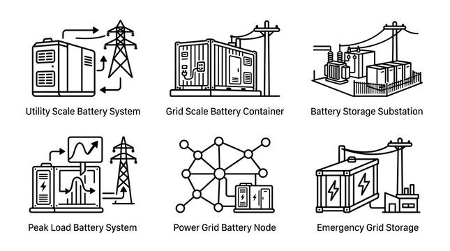 Energy Storage and Grid Battery Systems Line Icon Set