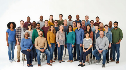 Obraz premium Large group of diverse people standing and sitting together against a plain white background