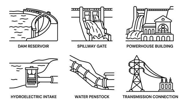 Hydroelectric Power Station Line Icon Set