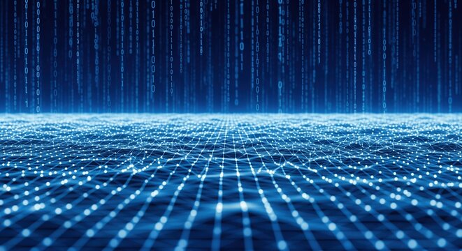 A digital landscape with glowing blue data points and binary code creates an abstract representation of technology. Bright dots form a grid pattern symbolizing networks and connectivity.