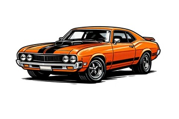 Fototapeta premium Illustration of an orange vintage muscle car with black racing stripes.