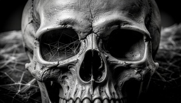 human skull with spiderweb in eye socket on dark background