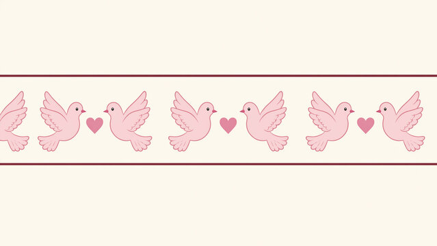 Illustration of pink doves with hearts in a decorative border
