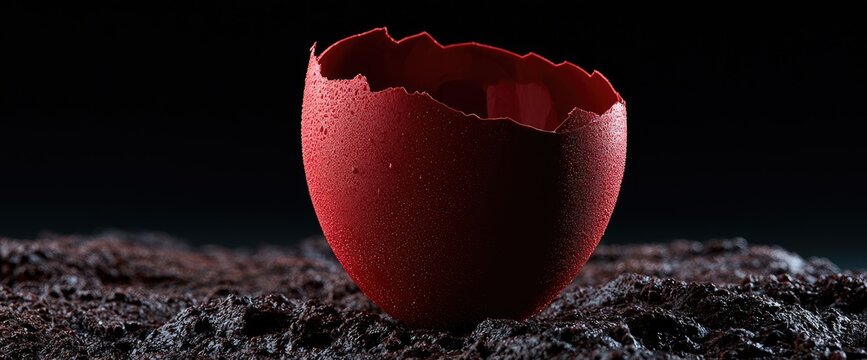 A cracked red eggshell rests on a dark, textured surface against a black background.