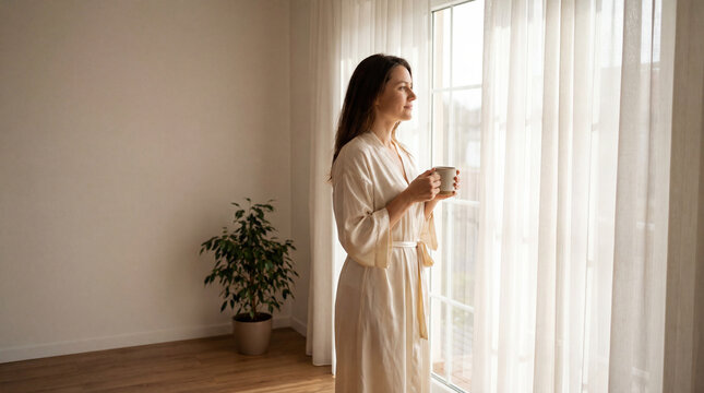 Serene woman in cream robe holding warm drink beside sunlit window during quiet morning routine conveying mindful self care comfort relaxation peaceful home lifestyle wellness restful solitude