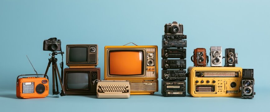 Collection of vintage electronic devices including televisions, radios, and cameras arranged on a blue background.