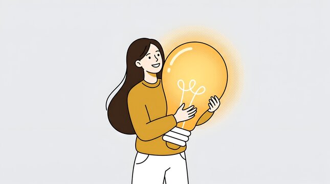 Smiling young woman holds a glowing light bulb, symbolizing new ideas and creative thinking on a simple background.