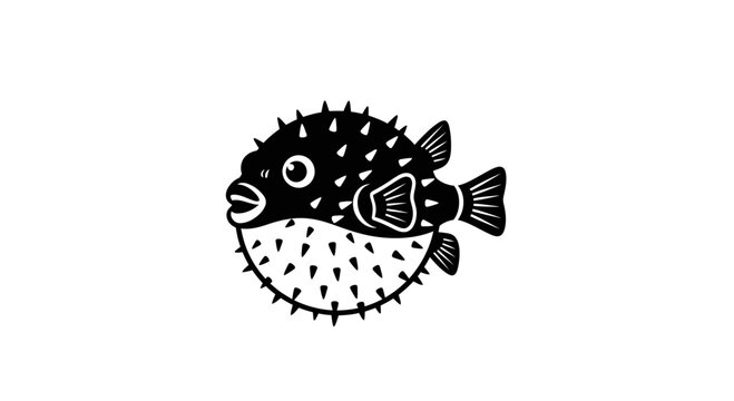 Black and white pufferfish illustration with spiky texture on body with sea creature wildlife seafood prickly animal marine finned ocean