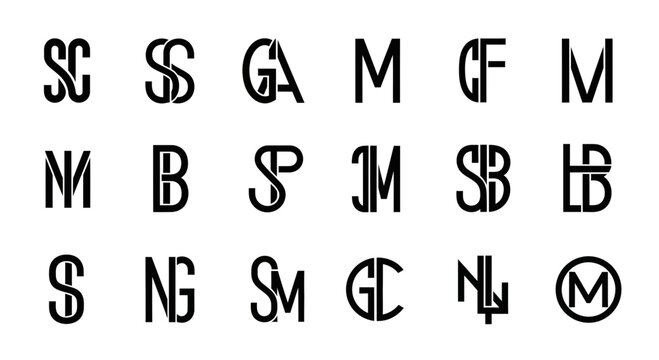 Collection of modern minimalist lettermark logos with displays grid monogram logos geometric typography interlocking composition arrangement