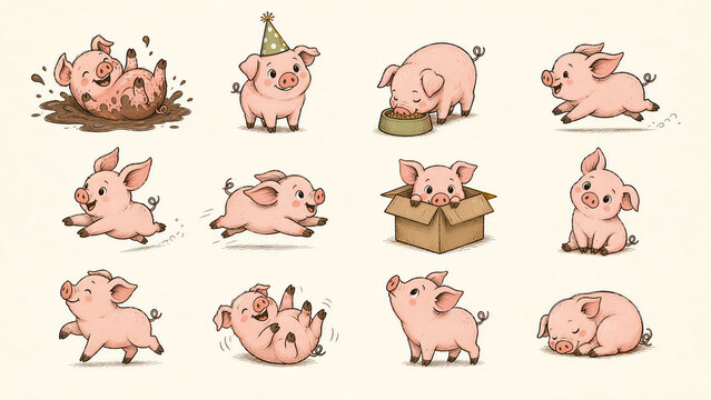 Cute cartoon piglet character set in various poses, funny piglets rolling in mud, eating, sleeping and playing in box, clip art illustration bundle