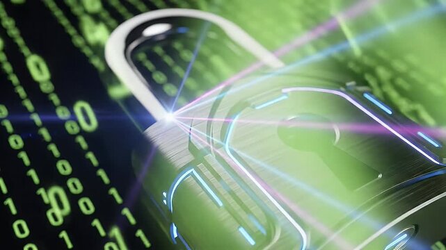 Metallic padlock secured with glowing digital security and code