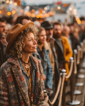A group of people queuing to buy ticket for festival