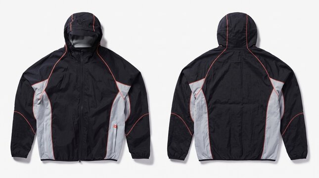 Front and back view of a black and grey technical windbreaker jacket with orange piping.