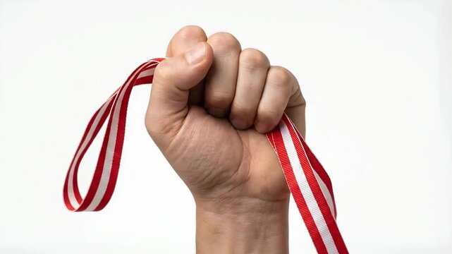 Human hand holding red and white ribbon in a fist gesture on isolated white background