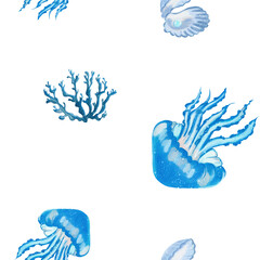 Ocean pattern with corals, seashells and medusas on white background made in Procreate in Watercolor technique. JPEG file. 300 DPI. Raster. RGB © Світлана Качуринська