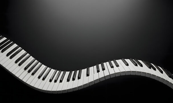 Black and white piano keys forming elegant flowing wave shape for music and creativity concepts
