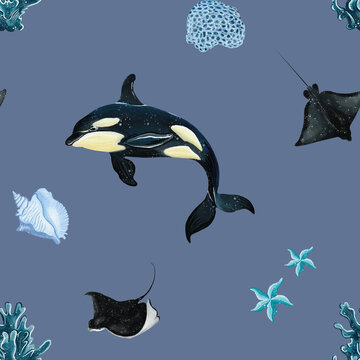 Ocean pattern with whale, corals, starfish, stingray and seashell made in Procreate in Watercolor technique. JPEG file. 300 DPI. Raster