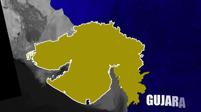 Gujarat state map animation highlighting geographic boundaries, regional location, and western India positioning with smooth dynamic motion graphics