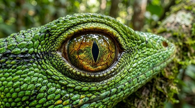 Macro close-up of a green lizard's eye with intricate scales in lush jungle.