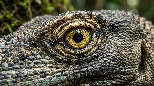 Macro eye of a lizard with scales and yellow iris, close-up reptile detail