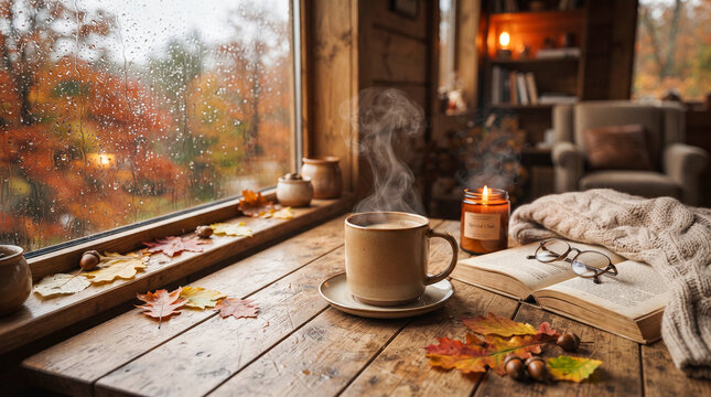 Taza de caf&eacute; caliente junto a una ventana lluviosa, con manta y libro, creando una escena acogedora de oto&ntilde;o, relajaci&oacute;n y bienestar.