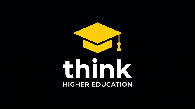 Modern logo design featuring a yellow graduation cap above the word think and HIGHER EDUCATION symbolizing knowledge learning and academic success