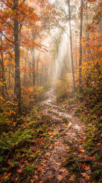 Sendero natural atravesando un bosque oto&ntilde;al lleno de hojas doradas, rojas y naranjas, con niebla y rayos de sol creando una atm&oacute;sfera m&aacute;gica.