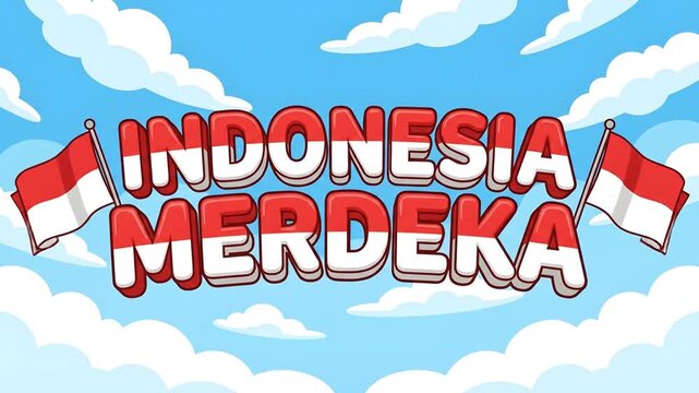 Animated Indonesia Merdeka text with waving national flags celebrating Indonesian Independence Day against a blue sky.