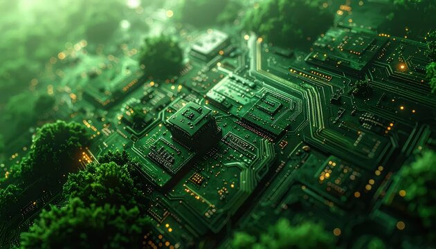 Macro view of a green circuit board integrated with lush forest foliage, symbolizing sustainable technology and eco-friendly innovation with copy space.