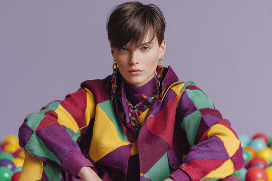 Young woman in colorful geometric patchwork jacket with layered statement earrings posing in studio against gray background