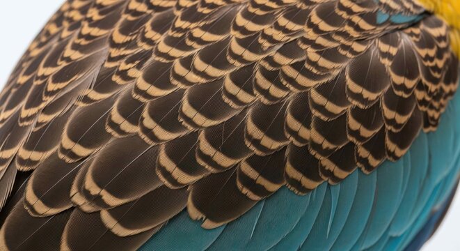 Close-up of bird plumage pattern with brown, tan and blue feathers