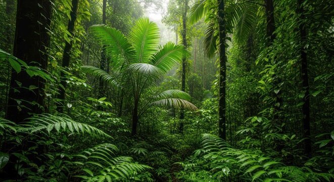 Lush green foliage in a dense, tropical rain forest environment