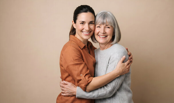 Middle-aged and young woman hugging warmly in cozy indoor setting with natural light