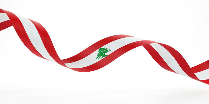 Wavy ribbon featuring the national flag of lebanon on a white background