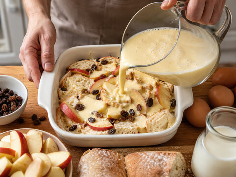 Ofenschlupfer wird mit Apfelscheiben, Rosinen und Brot vorbereitet, w&auml;hrend H&auml;nde die Eier-Milch-Mischung in die Form gie&szlig;en. Traditionelle schw&auml;bische S&uuml;&szlig;speise in Zubereitung.