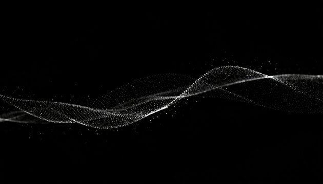 Abstract flowing wave of white particles on a black background, digital data stream, futuristic technology concept