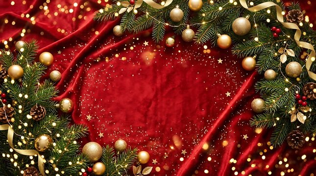 Christmas background with red velvet fabric, fir branches, golden ornaments, pine cones and fairy lights, festive holiday frame with copy space