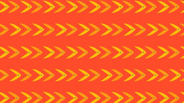 Animated seamless geometric pattern featuring repeating gold chevrons and blue circular nodes with subtle pulsing effects and horizontal motion. Ideal for motion backgrounds, digital media, presentati