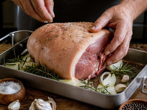 Rohe Schweinshaxe wird mit Salz, Pfeffer und Kr&auml;utern gew&uuml;rzt und f&uuml;r den Ofen vorbereitet. H&auml;nde zeigen die traditionelle Zubereitung eines deftigen deutschen Fleischgerichts.