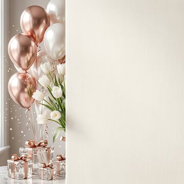 Elegant happy birthday background featuring rose gold balloons and gift boxes with white flowers for festive celebration