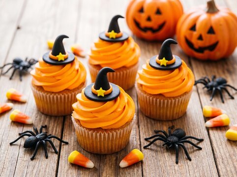 Delicious festive halloween treats featuring orange cupcakes topped with witch hats alongside beautifully carved pumpkins on aged rustic wood