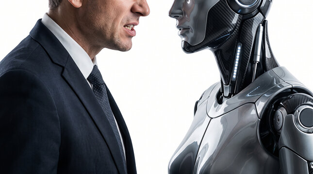 Businessman Arguing with a Humanoid Robot Concept of Human vs Artificial Intelligence Conflict