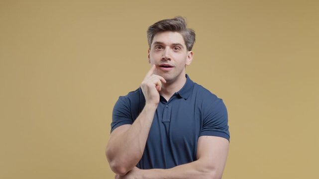 Genius Adult Man Having Eureka Moment And Pointing Finger Up, Clever Male Suddenly Finding Idea Or Remembering Forgotten Information, Showing Inspiration, Answer Creative Solution