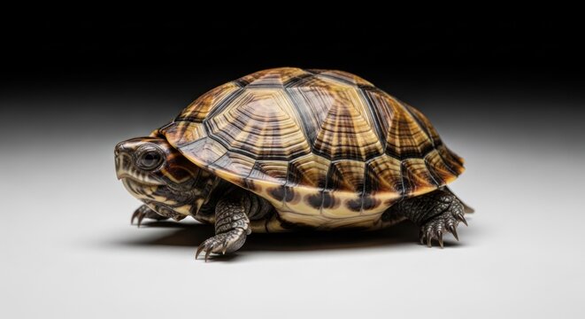 Closeup of a turtle with beautiful shell pattern on a plain background