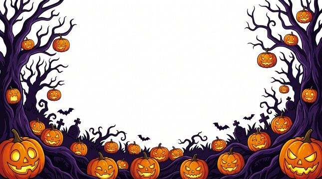 A spooky halloween border features glowing jackolanterns and dark silhouetted trees set against a beautiful twilight evening sky
