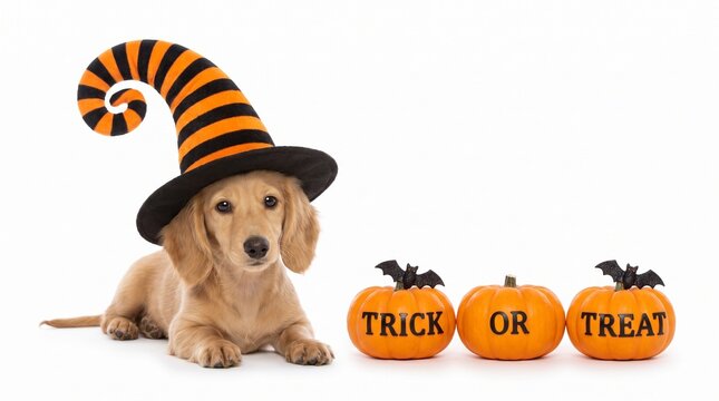 A cute dachshund puppy celebrates halloween wearing a festive witch hat with bright orange pumpkins and a trick or treat message