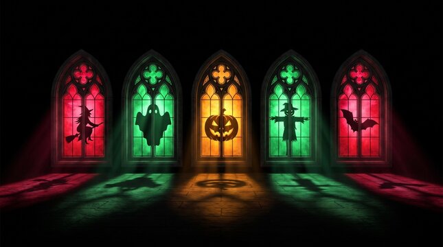 Dramatic illumination shines through gothic arched windows featuring vibrant colorful stained glass and detailed ornate dark architectural elements