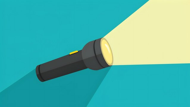 Flat vector illustration of a dark flashlight projecting a bright yellow beam of light on a teal background