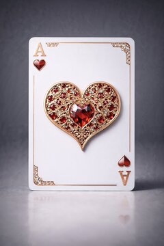 Vertical luxury ace of hearts playing card with ornate gold details and a large red gemstone heart on a dark background.