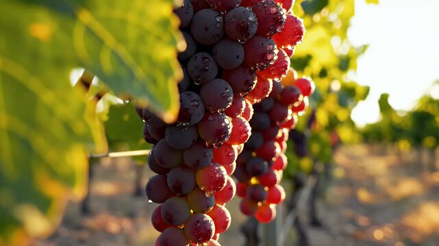 Ripe red grapes glistening with dew hang heavy on the vine